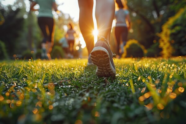 People walking and jogging outdoors during a sunny summer day in Minnesota representing summer health tips with Mahnomen Health