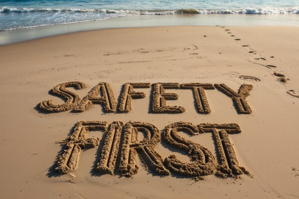 "Safety First" written in the sand on a beach shoreline with ocean waves in the background, representing summer safety tips and outdoor safety awareness.